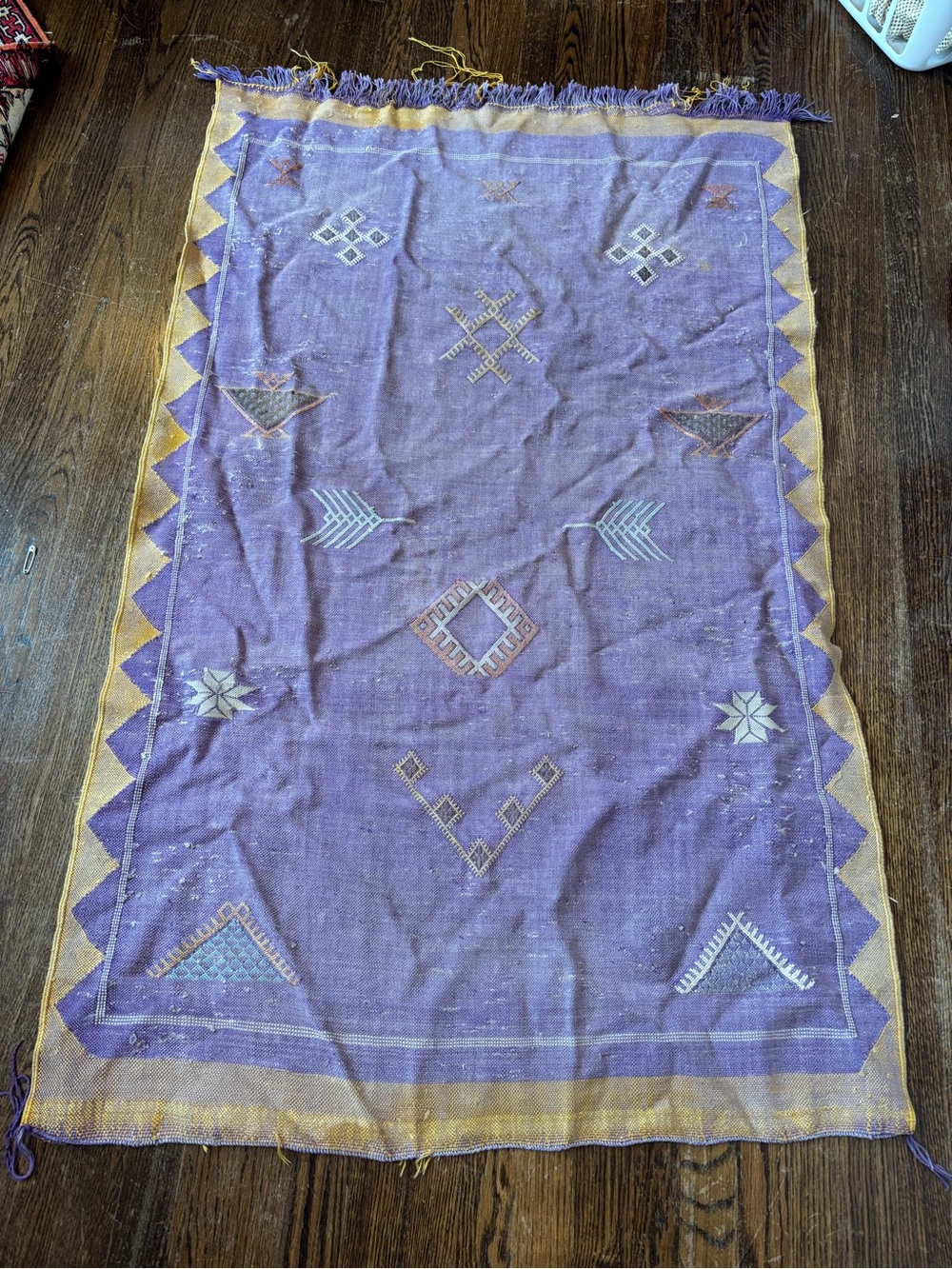 Handwoven Purple Geometric Area Rug with Gold Border